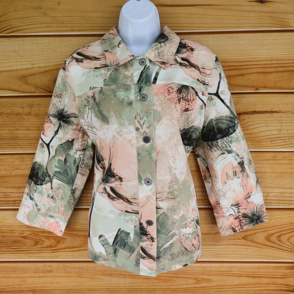 Chico's Blazer Jacket Womens Size 2 Multicolor Floral Cotton 3/4 Sleeves Pockets
